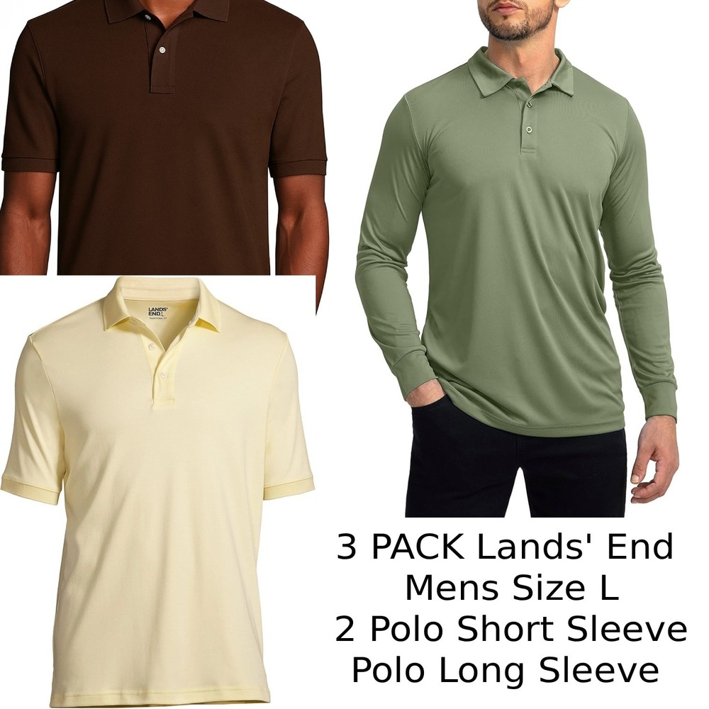 3 Pack Lands' End Mens L Polo - Simple Olive LS, Rich Coffee & Gold Candle SS